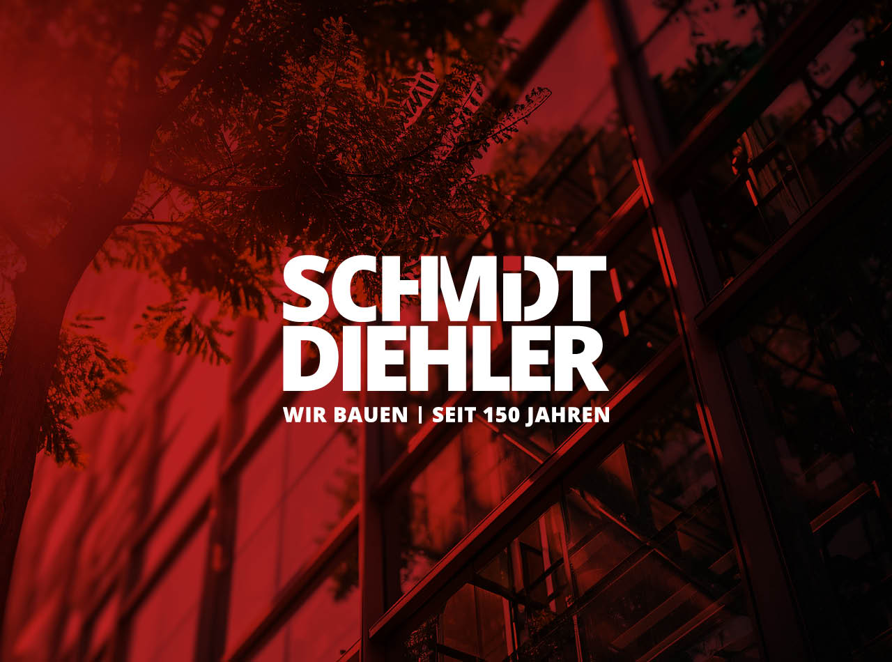SCHMIDT DIEHLER Logo mit Claim Wir bauen | Seit 150 Jahren auf rotem Bild-Hintergrund, Logo Design, Corporate Design