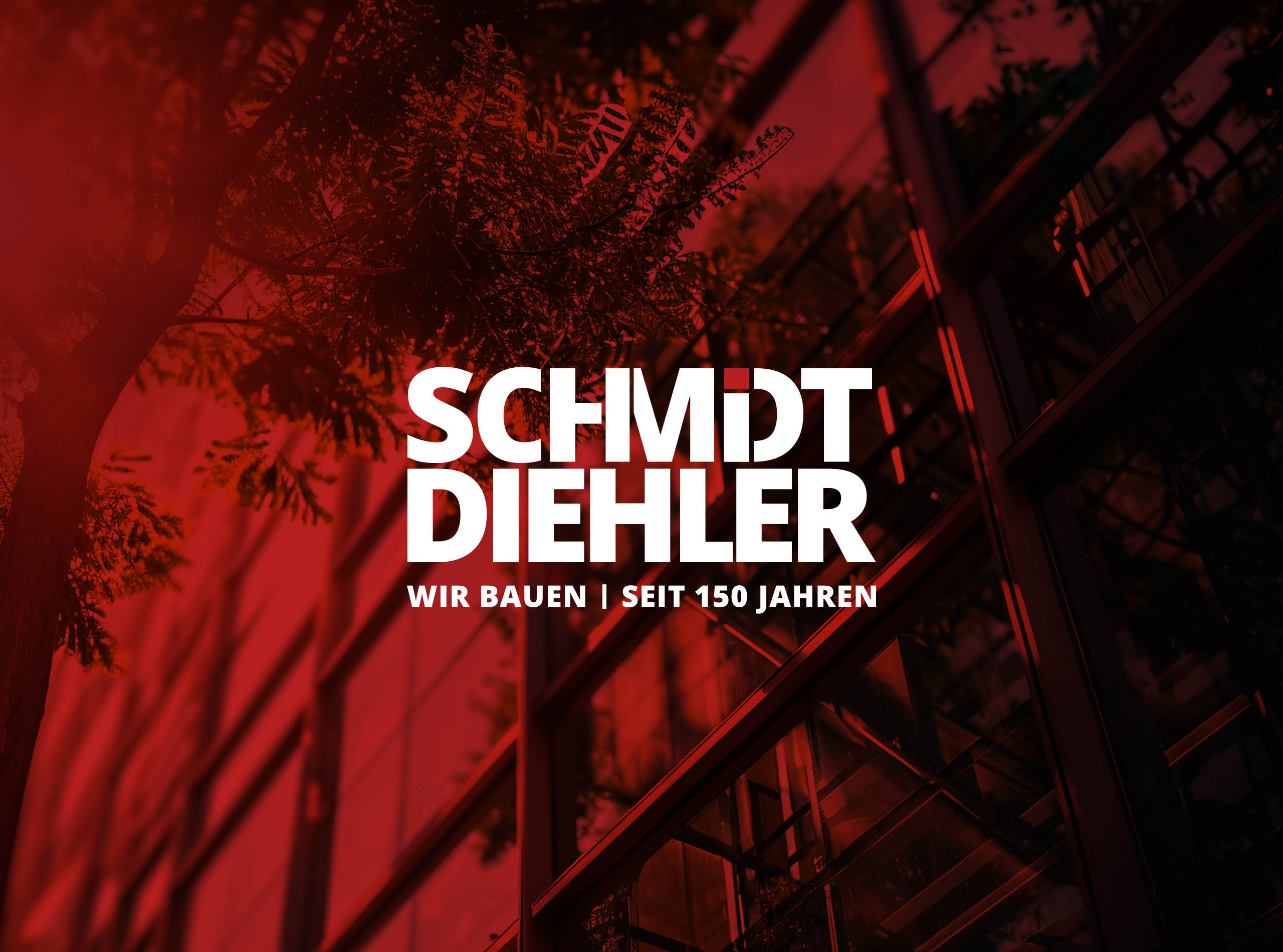 SCHMIDT DIEHLER Logo mit Claim Wir bauen | Seit 150 Jahren auf rotem Bild-Hintergrund, Logo Design, Corporate Design