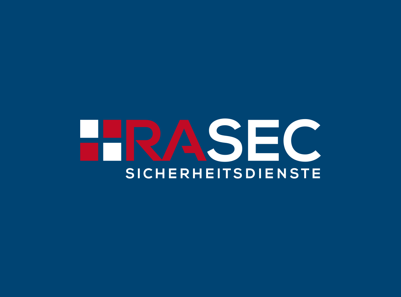 Logodesign für den Sicherheitsdienst RASEC, auf blauem Hintergrund