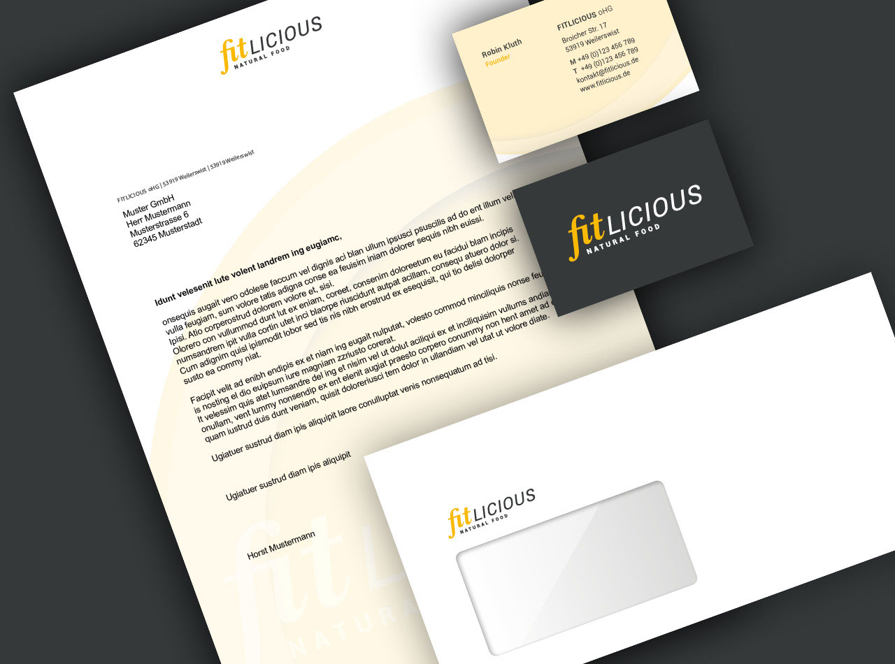 fitlicious Geschäftsausstattung mit Briefpapier, Visitenkarten und Versandumschlag