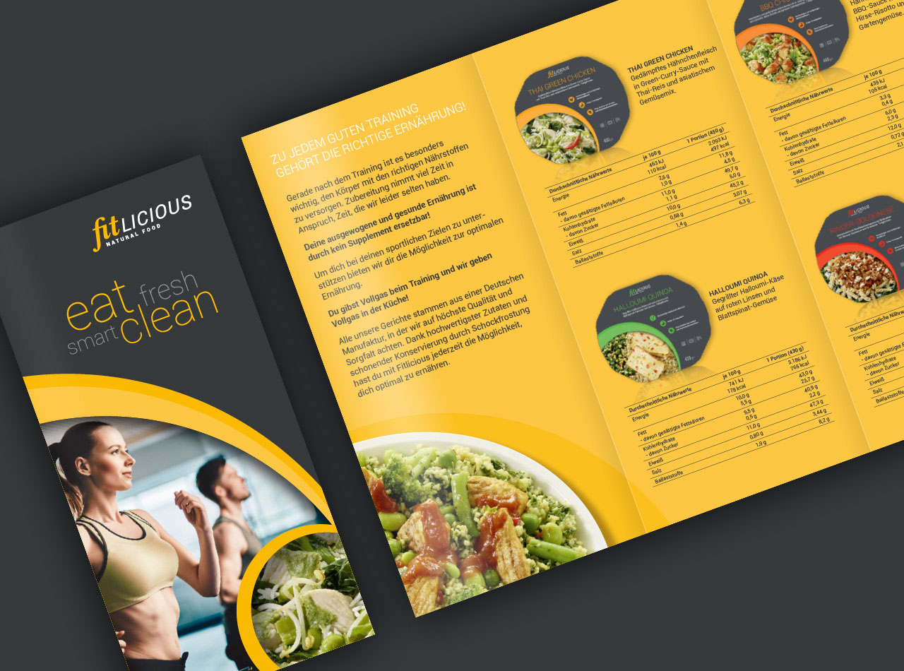 fitlicious Endkundenflyer mit Menüs und Nährwertangaben