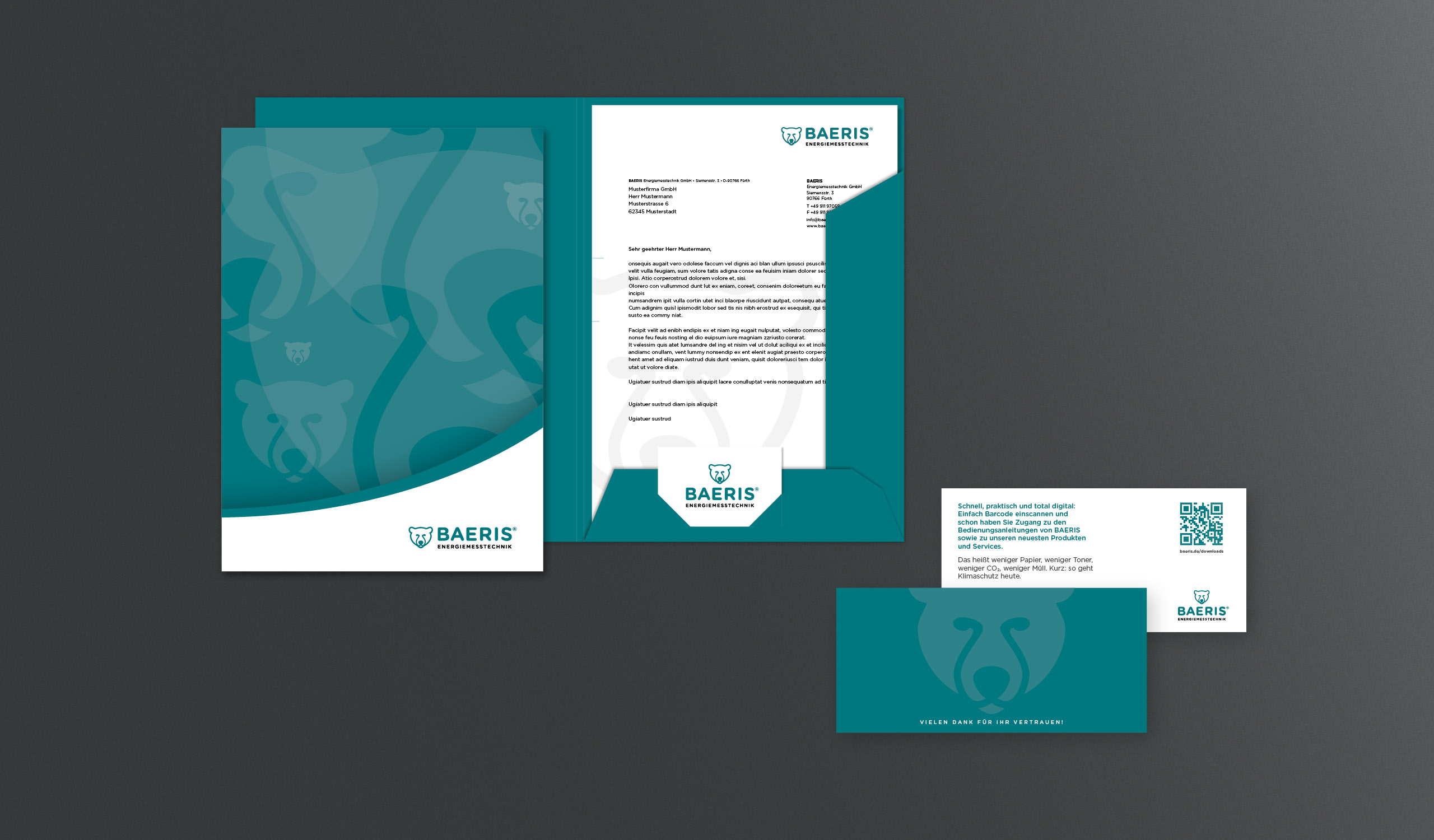 BAERIS Energiemesstechnik Mappe und Flyer, Logo Design, Brand Design, Corporate Design, von der Design Agentur COMMTOOLS