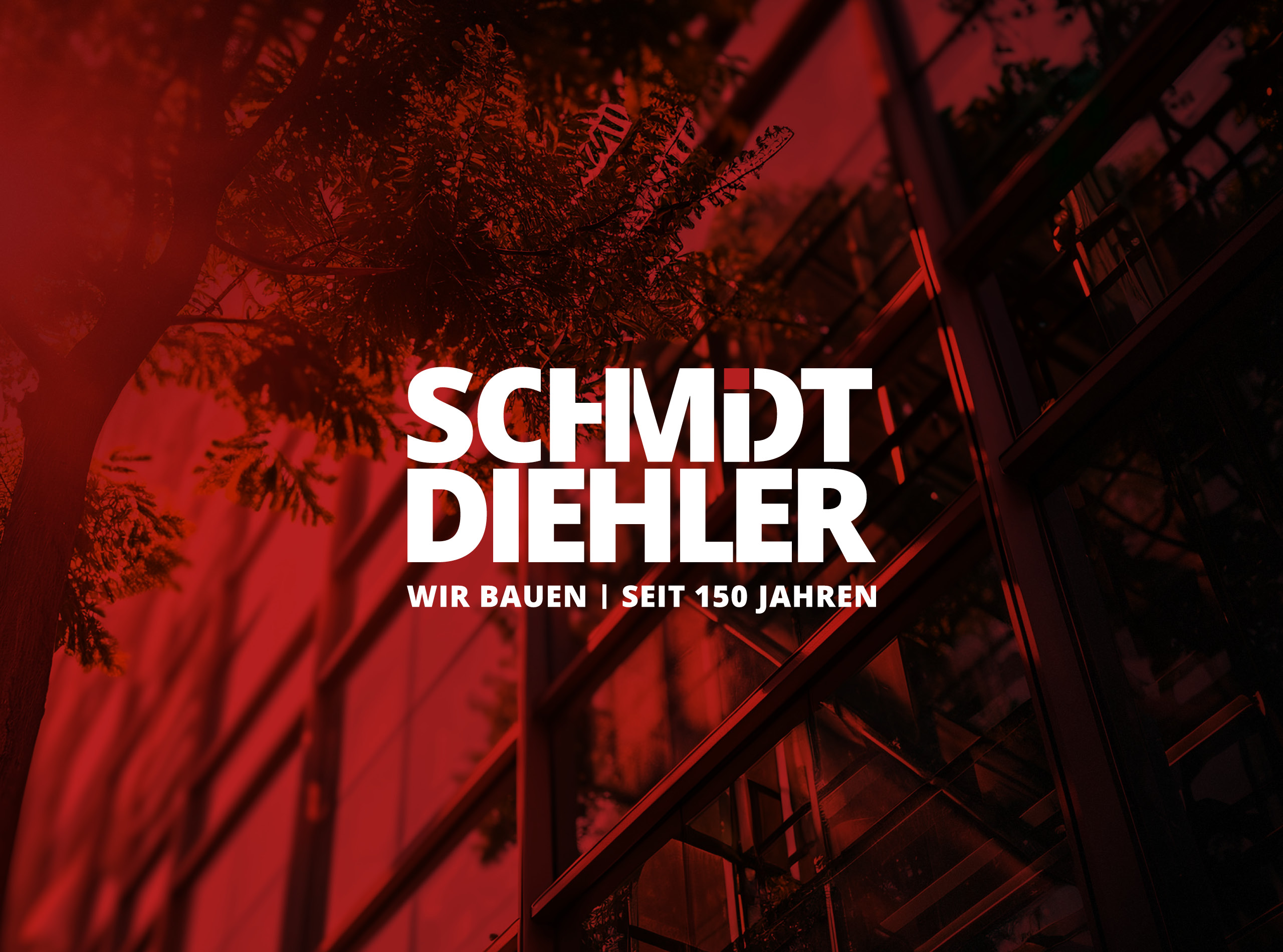 SCHMIDT DIEHLER Logo mit Claim Wir bauen | Seit 150 Jahren auf rotem Bild-Hintergrund, Logo Design, Corporate Design